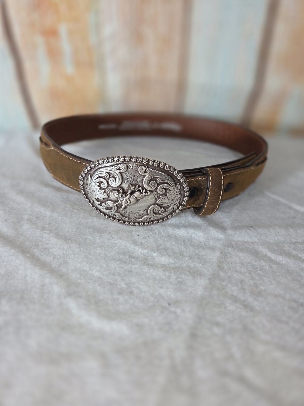 Nocona Kids Brown Western 100% Leather Belt w/Decorative Silver Buckle. Waist 24